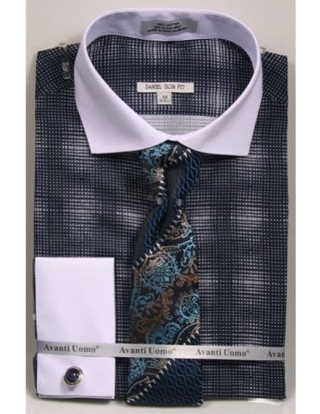  men's woven design white Collared French Cuffed navy Slim Fit Dress Shirt 
