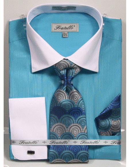  men's white Collared French Cuffed Turquoise Dress Shirt with Tie/Hanky/Cufflink Set