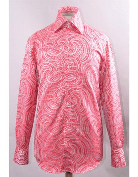  Men's Fuchsia High Collar Fashion ~ Shiny ~ Silky Fabric Braid Swirl Pattern Shirts