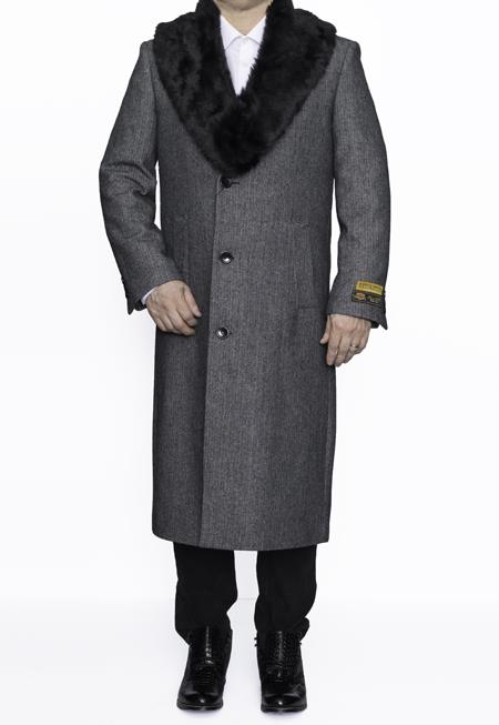 men's Removable Fur Collar Full Length Wool Dress Top Coat / Overcoat in Grey Herringbone 