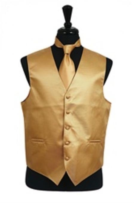 Horizontal Rib Pattern Dress Tuxedo Wedding Vest Tie Set Gold 