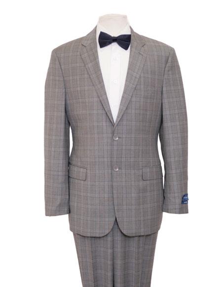 Mens Plaid Suit ZeGarie Mens Windowpane Pattern Gray-Blue Single Breasted Notch Lapel Suit Flat Front Pant