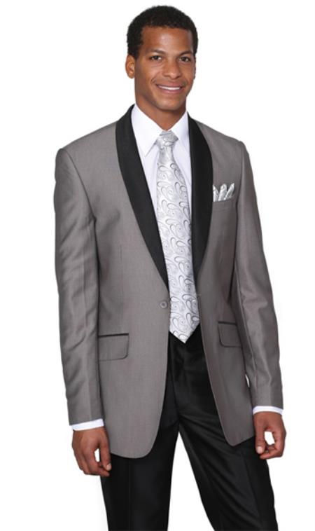 Grey ~ Gray Shawl Collar Slim narrow Style Fit Grey Tuxedo Dinner Jacket looking Two Toned Liquid Jet Black Lapel + Free Pants Clearance Sale Online
