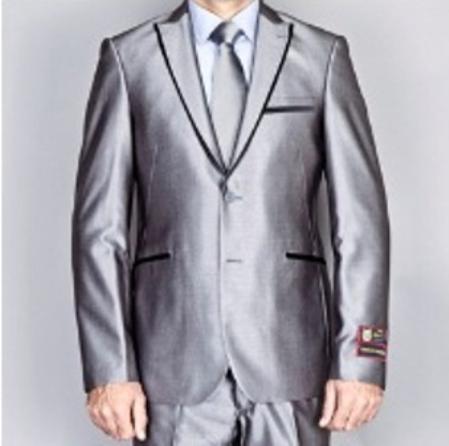 Shiny Flashy Gray 2 Button Style Euro Slim narrow Style Fit Suit Includes Matching Shirt and Tie 