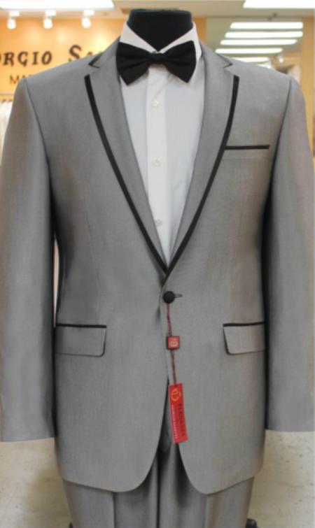 Grey~Gray Tuxedo 2 Button Style notch collar or Formal Suit & Dinner Jacker or Blazer Online Sale with Liquid Jet Black Edge Trim Lapel 