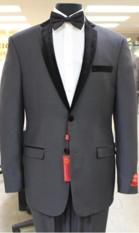 Grey~Gray Tuxedo 2 Button Style notch collar or Formal Suit & Dinner Jacker or Blazer Online Sale with Liquid Jet Black Edge Trim Lapel 