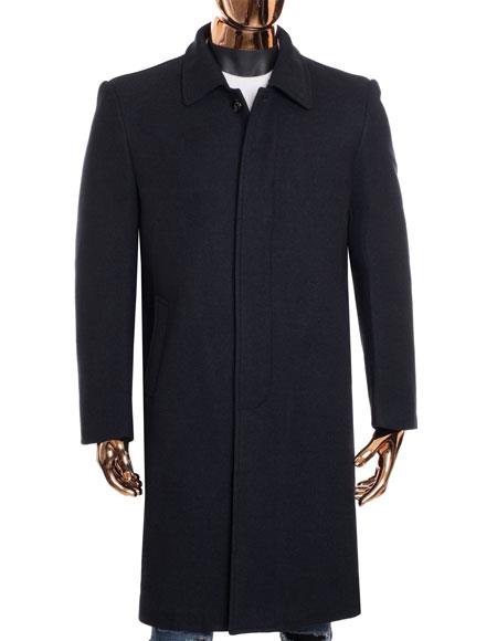  Mens Overcoat mens Gray Zip Up Closure Knee Length Collared Wool Coat