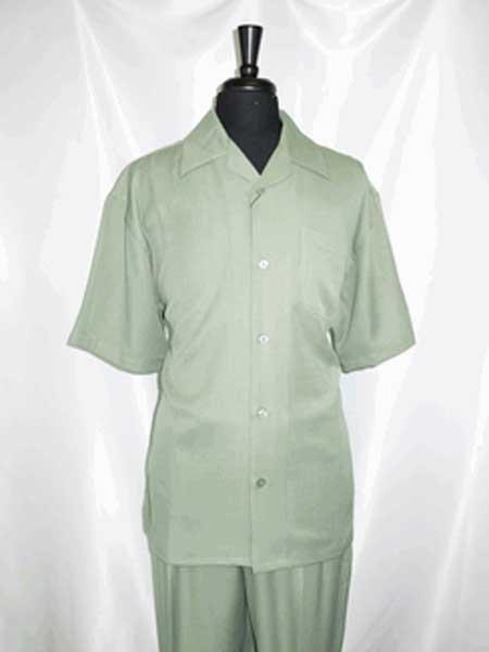  Short Sleeve Single Breasted Green Lt Olive 5 Buttons Walking Shirt With Pant Set
