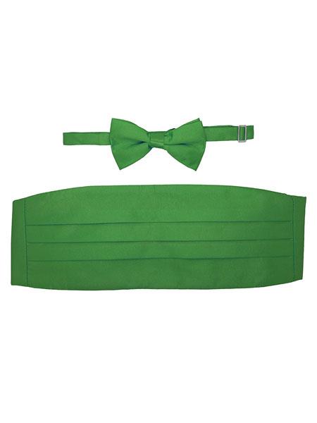 Men's Designer Brand Green Satine Microfiber Bowtie With Cummerbund Set