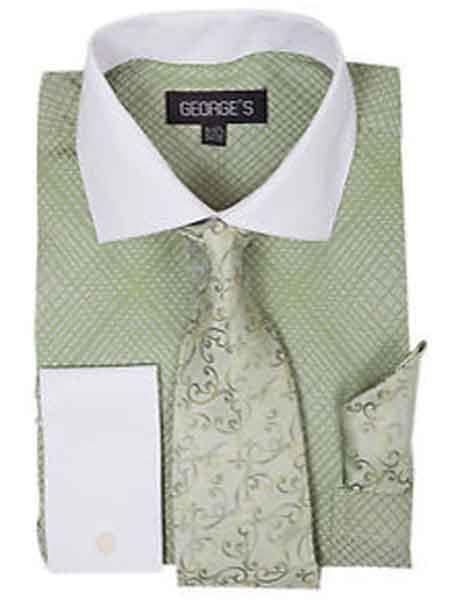  Apple Green Mini Plaid/Checks French Cuff Dress Shirt With Tie And Handkerchief