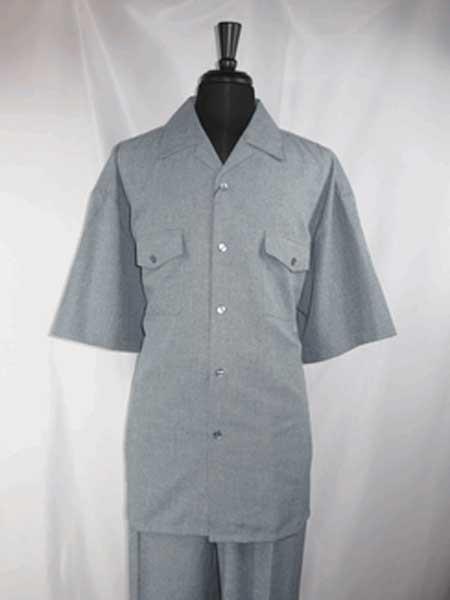  Grey Single Breasted 5 Buttons Short Sleeve Walking Shirt With Pleated Slacks Pant Set