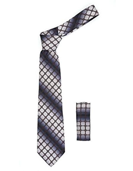  Men's Grey Geometric with Brown Squares Necktie Includes Hanky Set