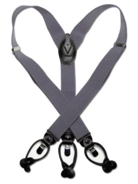 Solid Grey Liquid Jet Black Suspenders Elastic Y-Back Button & Clip-On Man's Gray 