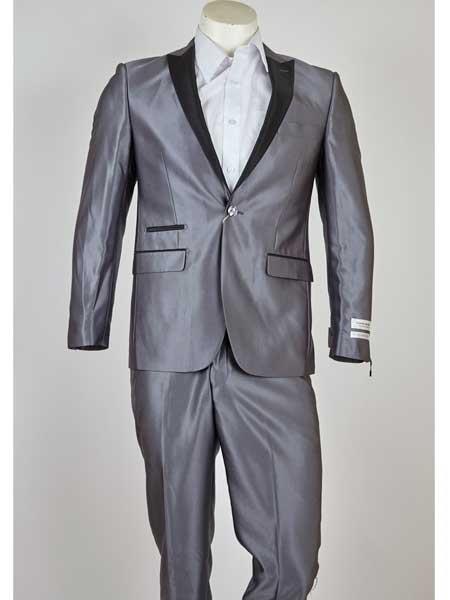  Grey 1 Button Style Classic Fit Single Breasted Liquid Jet Black Peak Lapel Suit