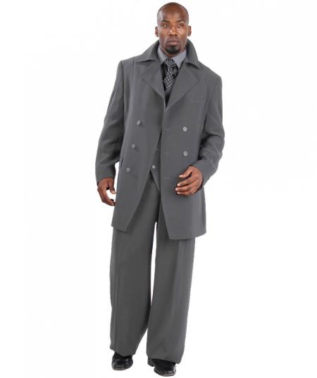 1940s men's Suits Style Three Piece Vested With Peacoat Jacket with Wide Leg Pants Grey  Fashion Clothing Look ! 