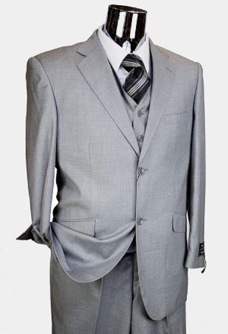 Light Grey 3pc 2 Button Style Italian Designer Suit Light Grey Wool