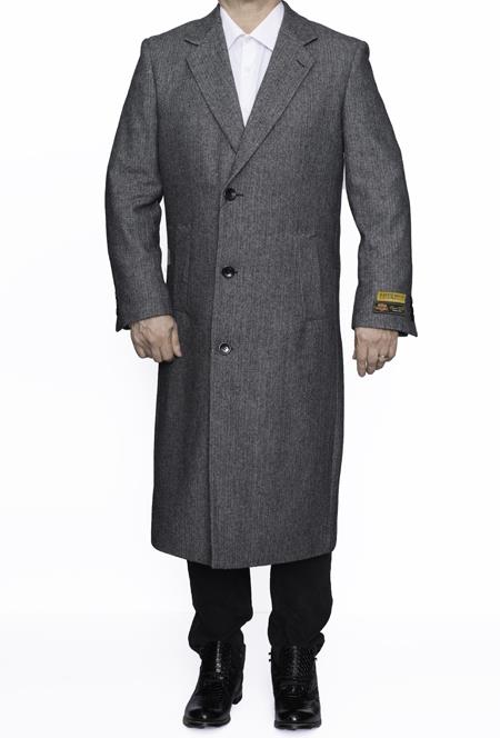  Mens Overcoat mens Full Length Wool Dress Top Coat / Overcoat in Grey Herringbone 