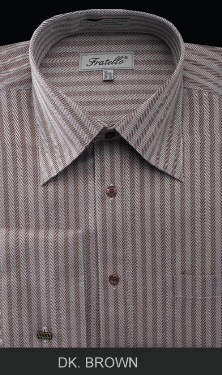 French Cuff Dress Shirt - Herringbone Tweed Stripe Dark brown color shade 
