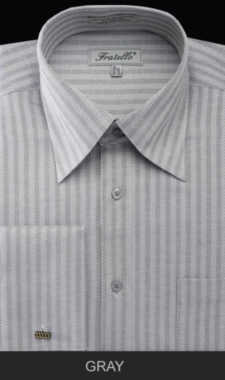 French Cuff Dress Shirt - Herringbone Tweed Stripe Gray 