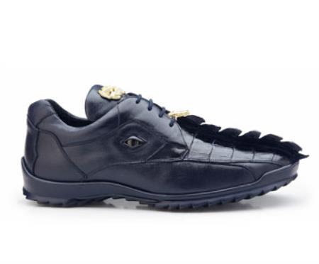  #J30011  Authentic Belvedere Exotic Skin Brand Genuine Hornback Crocodile and Soft Calf Leather Lining Night Blue Shoe