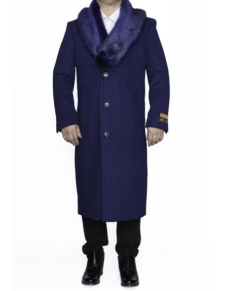 Mens Overcoat mens Removable Fur Collar Full Length Wool Dress Top Coat / Overcoat in Indigo Blue