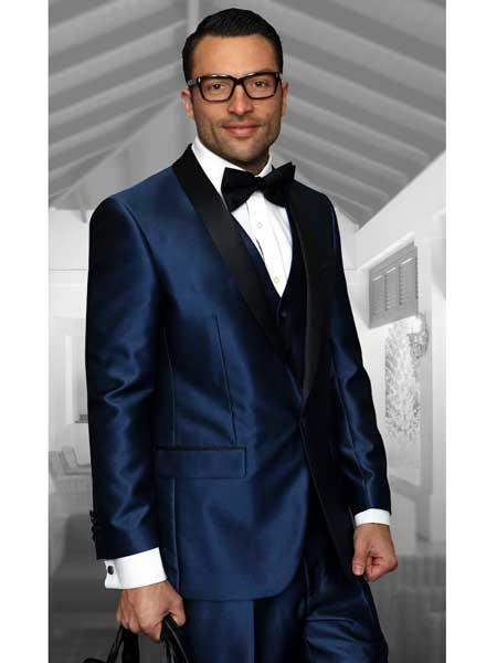 Attire brand Indigo Shawl Lapel 1 Button Style Modern Fit Vested Tuxedo Clearance Sale Online