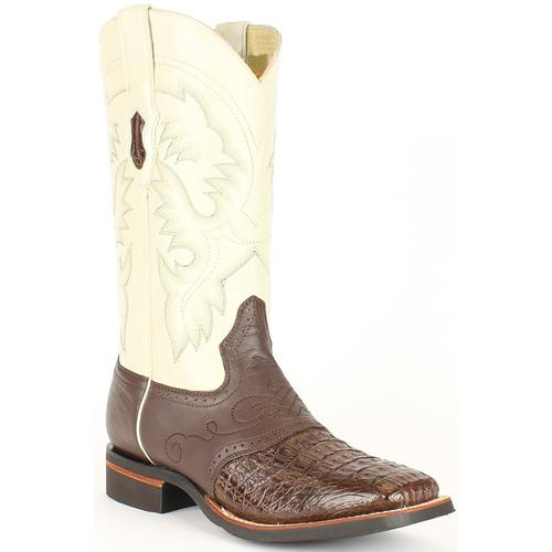  Men's King Exotic Genuine Smooth Caiman Wide Square Toe Ivory/Brown Boots