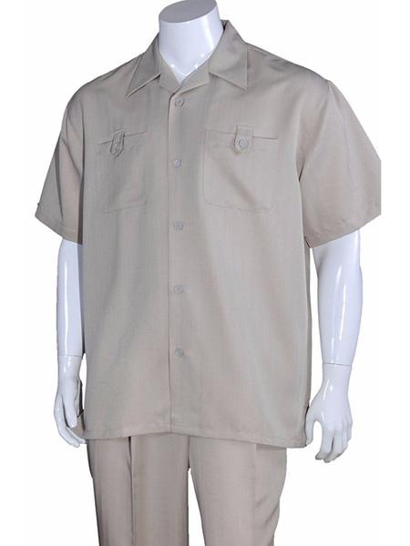  Men's 5 Button Solid Khaki Casual Short Sleeve 100% Polyester Walking Suits 