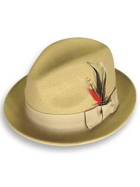 Mens Dress Hat Khaki 100% Wool Fabric Fedora Trilby Mobster With Satin Band suit hat