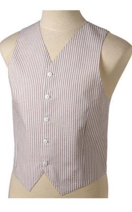 Khaki and White Stripe ~ Pinstripe Summer Cheap priced men's Seersucker Suit Sale Fabric Vest set 