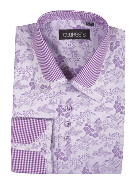  Men's Floral Pattern Classic Fit Standard Cuff Lavender Shirt