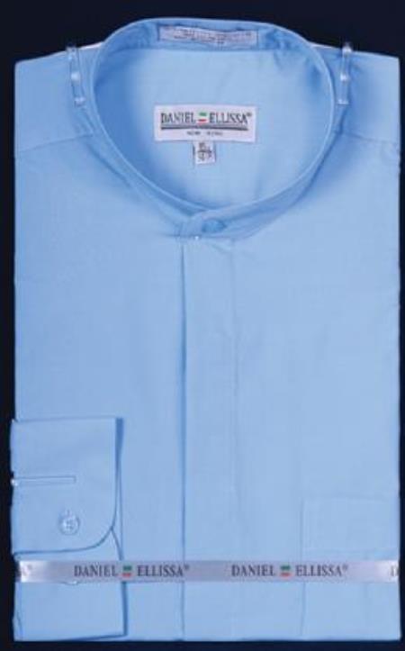 Banded Collar Dress Fashion Shirt With Button Cuff Light Blue 