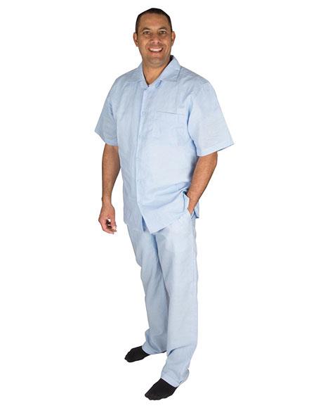  Men's Light Blue Short Sleeve Button Closure 100% Linen 2 Piece Shirt 