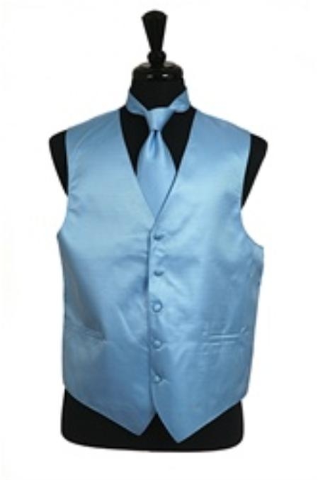 Horizontal Rib Pattern Vest Tie Set Light Blue 
