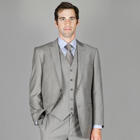 light gray Stripe ~ Pinstripe Wool Fabric and Silk Blend Vested Suit 
