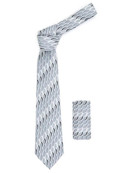  Men's Light Grey Geometric Fashionable With Swirl Design Hanky Set Necktie 