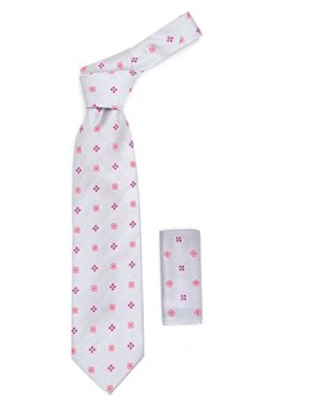  Men's Light Grey Geometric Necktie with Pink Clovers & Squares Includes Hanky Set