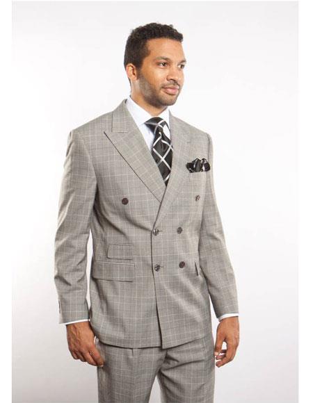  Men's Plaid ~ Windowpane Can be Blazer or Sport Coat Pattern Double Breasted Peak Lapel Button Closure Suit Light Grey