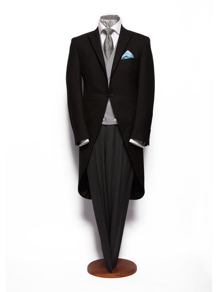  Men's Black Herringbone Tweed Silk Edging Light Weight Morning Coat With Grey Stripe Wool Pant