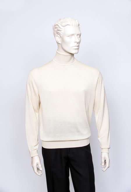 Men's Long Sleeve Turtle Ivory Neck Fine Gauge Knit Sweater