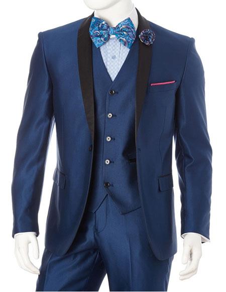 Men's Wedding - Prom Event Bruno 1 Button Shawl Lapel Blue Slim Fit Suit