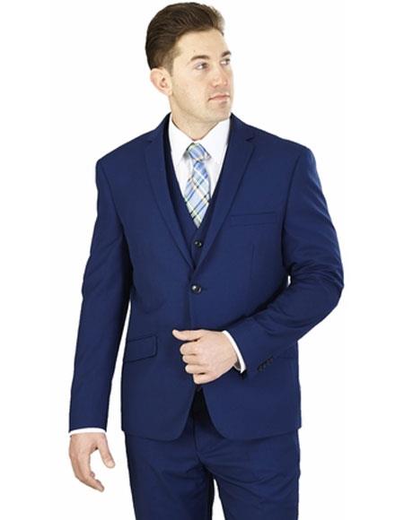 Men's Wedding - Prom Event Bruno 3 Piece Cobalt Blue Notch Lapel Side Vents Suit