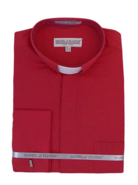 no collar mandarin Banded Collar FrenchCuff Pastor Preacher Long Sleeve red color shade Shirt 