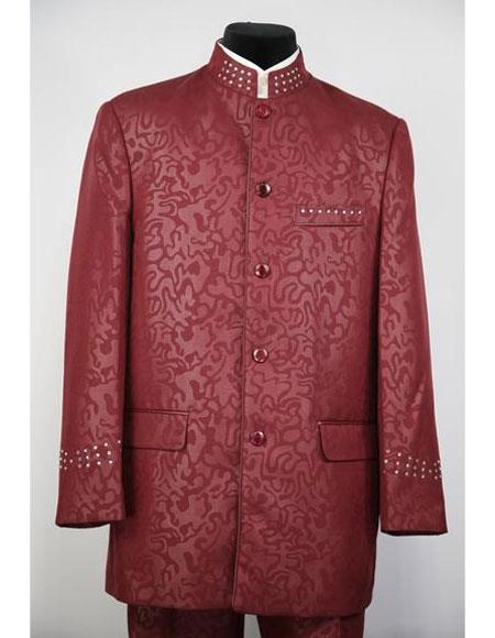  Men's Mandarin Collar Burgundy 5 Button 2piece Floral Print Suit 