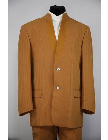  Men's Mandarin Collar Cross Striped Cognac 2 Button 2piece Suit 