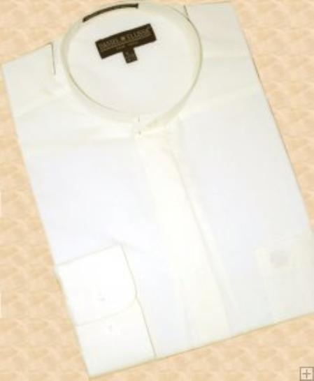 Cream Ivory Banded Collar Cotton Blend Dress Shirt 
