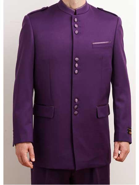  Men's Single Breasted Mandarin Collar 2 Piece Purple Nehru Style Long Suit