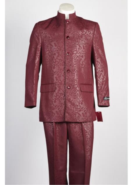  Men's 5 Button Mandarin Paisley Banded Collar Wine Suit 