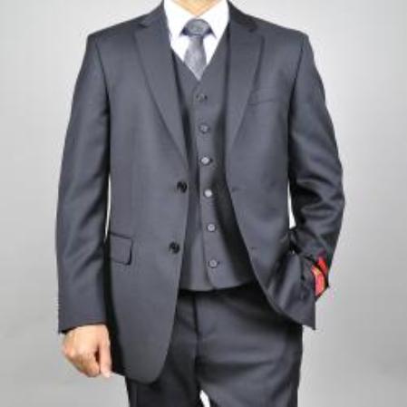 Authentic Mantoni Brand Liquid Jet Black Vested Wool Fabric Suit 