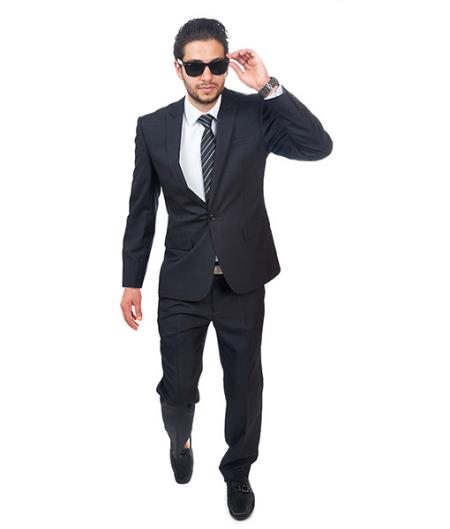  1 Button Style Peak Lapel Textured Suit Flat Front Pant Slim narrow Style Fit Black Clearance Sale Online